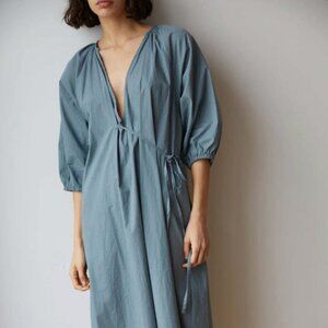 Deiji Studios Women's Fold Cotton Midi Dress in Blue Green Stripe XS